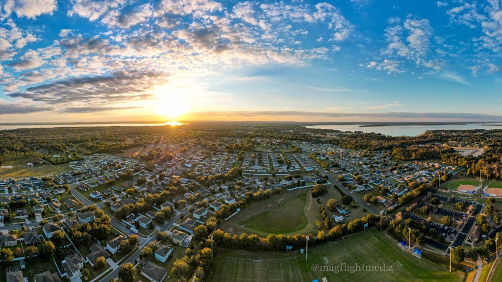 Aerial view of Florida neighborhood at sunset